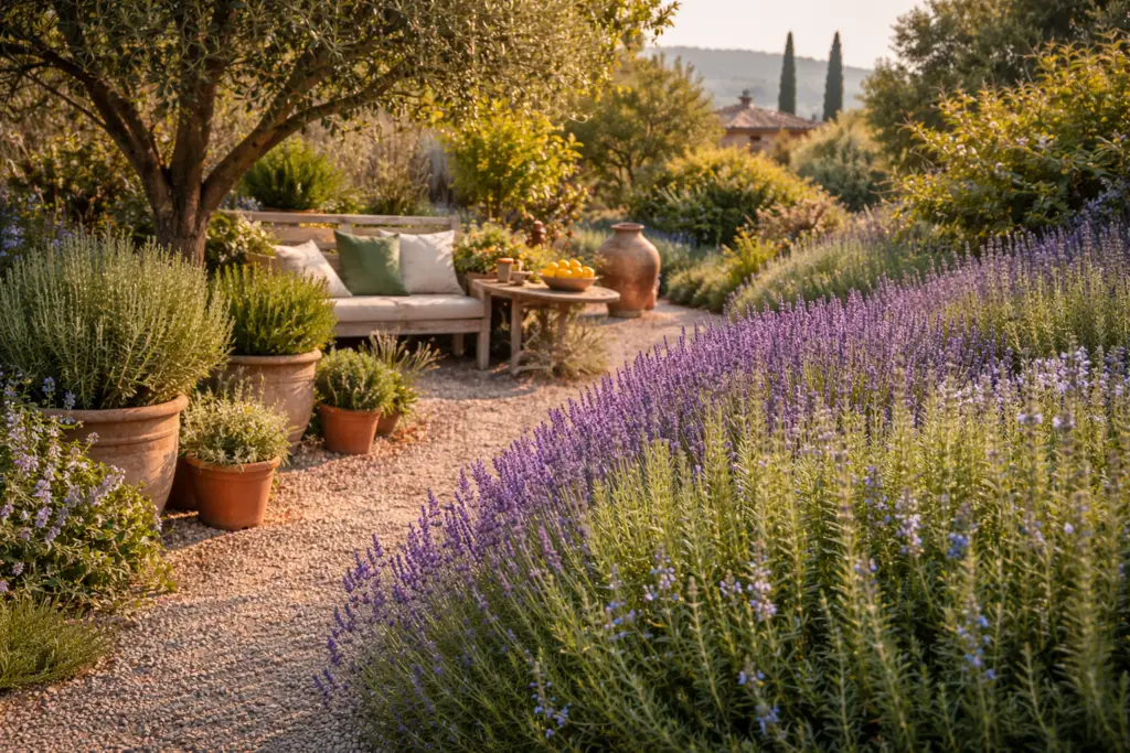 Mediterraner Garten mit üppigen Lavendel- und Rosmarinsträuchern entlang eines Kieswegs. In Terrakottatöpfen stehen weitere Kräuter wie Thymian und Oregano, während eine kleine Sitzecke unter einem Olivenbaum zum Verweilen einlädt. Warmes Sonnenlicht und violette Blüten sorgen für eine entspannte, südliche Atmosphäre.