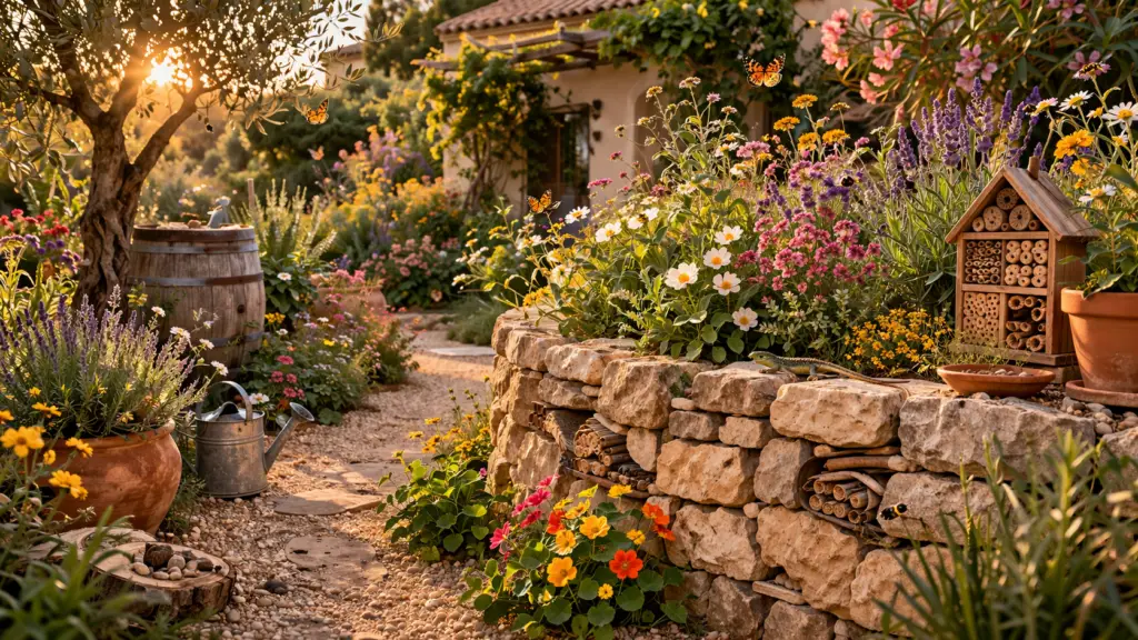 Hyperrealistischer mediterraner Naturgarten mit Trockenmauer aus Naturstein, bunten Wildblumen und Kräutern wie Lavendel und Oregano, ergänzt durch Terrakotta Töpfe, Insektenhotel und Kiesweg, belebt von Schmetterlingen im warmen Sonnenlicht.
