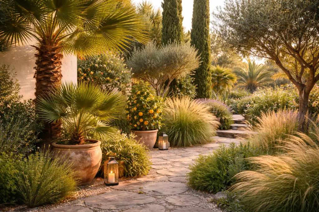 Mediterraner Garten mit Palmen und dekorativen Gräsern in warmen Gold und Grüntönen, arrangiert entlang eines Natursteinwegs. Große Terrakotta Kübel mit Zwergpalmen und Zitronenbäumchen stehen vor einer hellen Wand, während hohe Zypressen und Olivenbäume im Hintergrund für Struktur sorgen. Weiche, bewegte Gräser bringen Leichtigkeit in die Szene und schaffen ein sonniges, exotisches Urlaubsgefühl.