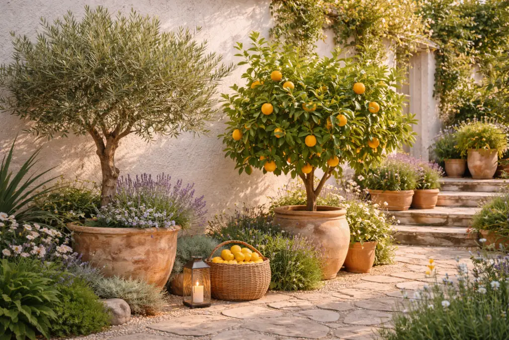 Mediterraner Garten mit Olivenbaum und Zitronenbaum in großen Terrakotta Kübeln, platziert vor einer hellen, sonnenbeschienenen Wand. Gelbe Zitronen setzen frische Farbakzente zwischen silbrig grünen Olivenblättern. Umgeben von Lavendel, Kräutern und Natursteinplatten entsteht eine warme, südländische Atmosphäre mit echtem Urlaubsgefühl.