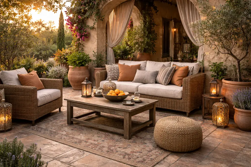 Hyperrealistische mediterrane Gartensitzecke mit Rattan Sofa und Sessel, hellem Polster, rustikalem Holztisch, Terrakotta Töpfen und warmen Laternen, umgeben von üppigen Pflanzen und Natursteinboden bei goldenem Abendlicht.