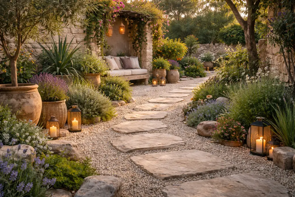 Mediterraner Garten mit geschwungenem Kiesweg und großen Natursteinplatten in warmen Beige und Sandtönen. Unregelmäßige Trittsteine aus Travertin führen durch üppige Bepflanzung mit Lavendel, Gräsern und Olivenbaum. Terrakotta Töpfe, Laternen und eine kleine Sitznische aus Naturstein schaffen eine ruhige, südliche Atmosphäre wie in einer verwinkelten Altstadt.