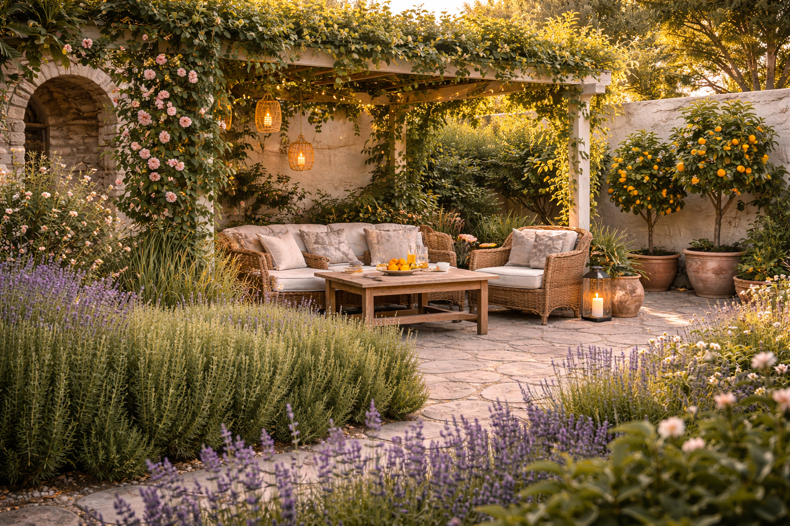 Mediterrane Garten Sitzecke als geschützter Rückzugsort, umgeben von dichtem Lavendel und Rosmarin, die als natürlicher Sichtschutz dienen. Eine weiße Pergola mit rankendem Wein und blühenden Kletterpflanzen schafft zusätzlichen Schatten. Dahinter stehen Zitronenbäume in Terrakotta Kübeln vor einer hellen Wand, während Rattanmöbel und warme Lichtquellen eine ruhige, private Oasen Atmosphäre erzeugen.