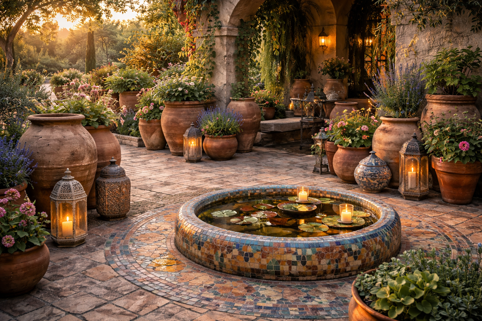 Hyperrealistischer mediterraner Garten mit vielen Terrakotta Töpfen in unterschiedlichen Größen, blühenden Pflanzen, dekorativen Keramikgefäßen und einer runden Mosaik Wasserstelle mit Kerzen, umgeben von Natursteinboden und warmem Abendlicht.