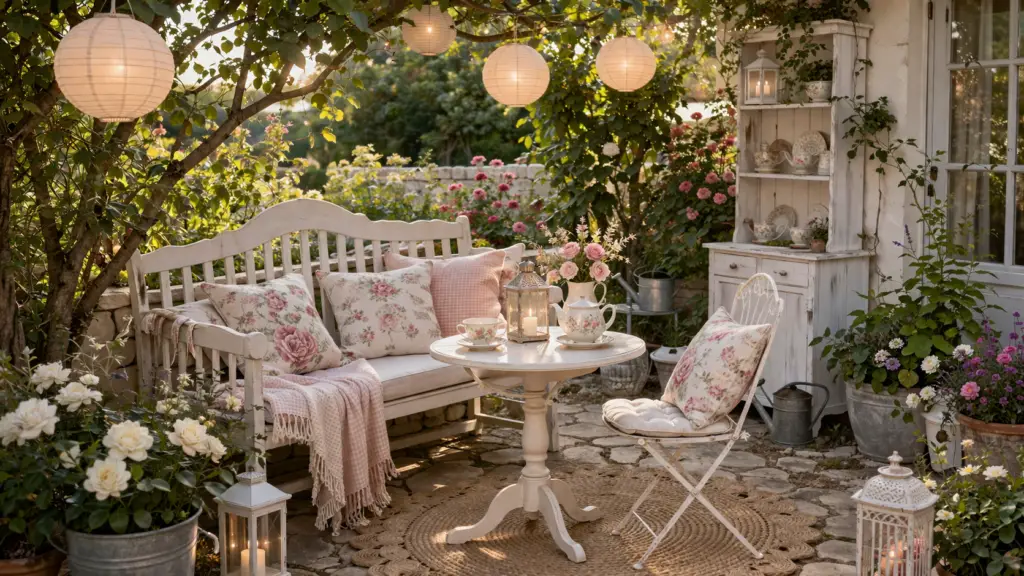 Romantische Sitzecke im Garten im weißen Landhausstil mit Holzbank, zarten Blumenkissen und kleinem Tisch. Umgeben von blühenden Rosen, Pastelltönen und dekorativen Details wie Teeservice und Regal. Über der Szene hängen Papierlampions, die zusammen mit warmem Licht eine verträumte, märchenhafte Atmosphäre schaffen.