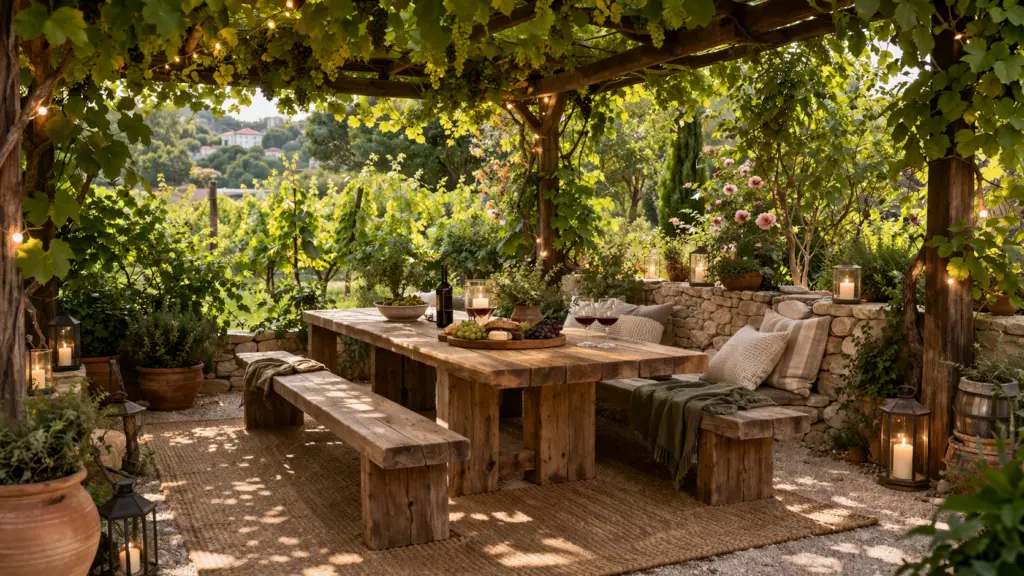 Gemütliche Sitzecke im Garten unter einer Holz-Pergola, dicht bewachsen mit grünen Weinreben. Darunter steht ein rustikaler Holztisch mit passenden Bänken auf einem grob gewebten Outdoor-Teppich. Umgeben von Naturstein, Laternen und Kerzen entsteht eine warme, urige Atmosphäre mit romantischem Weinberg-Feeling.