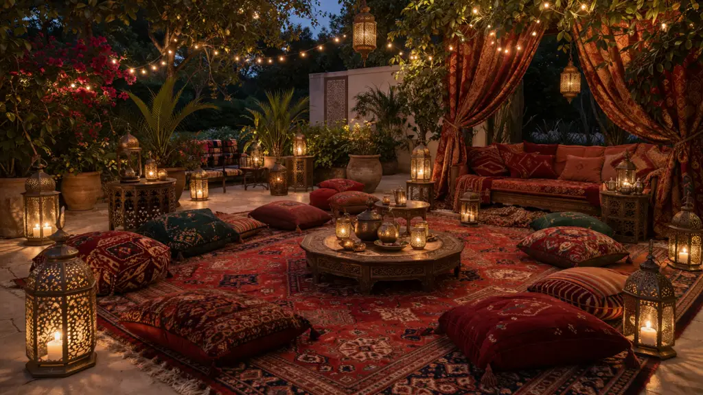 Hyperrealistische orientalische Gartensitzecke mit großem gemusterten Teppich, vielen Bodenkissen in Rot und Gold, niedrigen Holztischen, kunstvollen Laternen aus Metall und warmem Kerzenlicht unter Bäumen mit Lichterkette für eine gemütliche Marrakesch Atmosphäre.