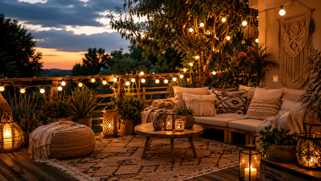 Gemütliche Boho Terrasse bei Sonnenuntergang mit warmweiß leuchtenden Lichterketten, orientalischen Laternen, beigen Outdoor Kissen, Makramee Wanddeko und vielen Pflanzen. Die stimmungsvolle Außenbeleuchtung taucht den Holzbalkon in ein romantisches, goldenes Licht und schafft eine entspannte Sommerabend Atmosphäre.