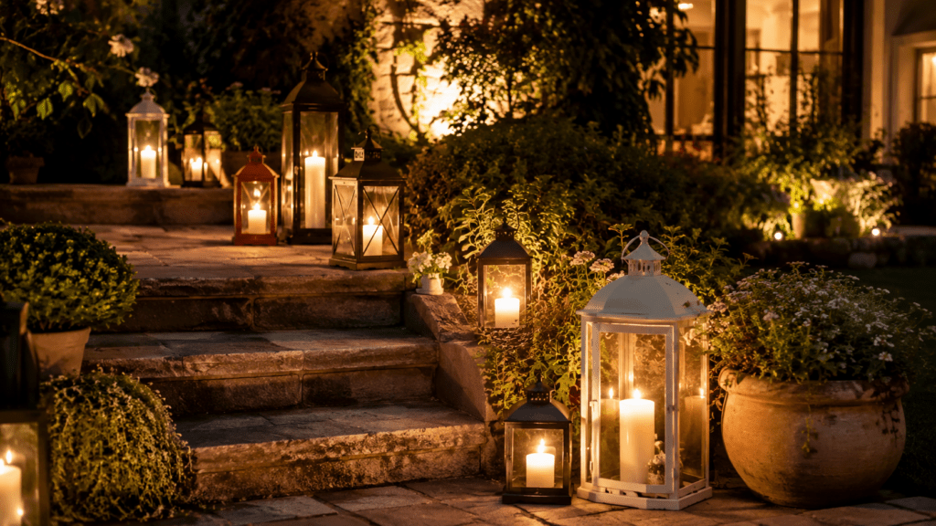 Gemütlicher Gartenbereich in der Abenddämmerung mit mehreren dekorativen Laternen aus schwarzem Metall, Weiß und Kupfer entlang einer Steintreppe. Warmes Kerzenlicht und LED Beleuchtung sorgen für eine romantische Atmosphäre zwischen Pflanzen, Blumentöpfen und moderner Terrasse im Hintergrund.