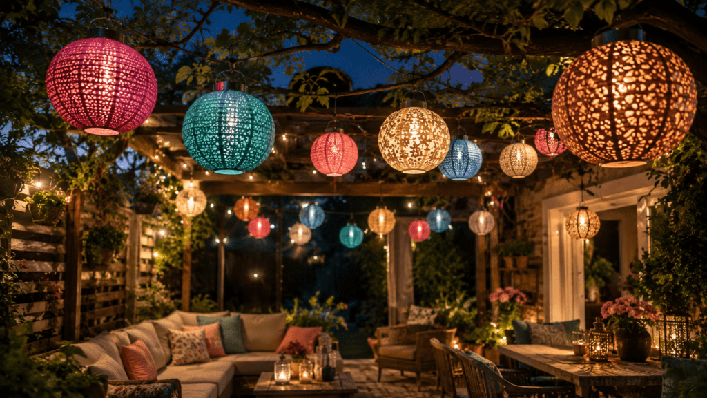 Gemütliche Terrasse im Boho Stil bei Dämmerung mit bunten Solar Lampions in Rosa, Petrol, Türkis und Kupfer, die in verschiedenen Höhen an einer Holz Pergola hängen. Warmes LED Licht sorgt für eine magische Stimmung, während gemütliche Lounge Möbel, Kissen, Pflanzen und kleine Laternen den Außenbereich verträumt und einladend wirken lassen.