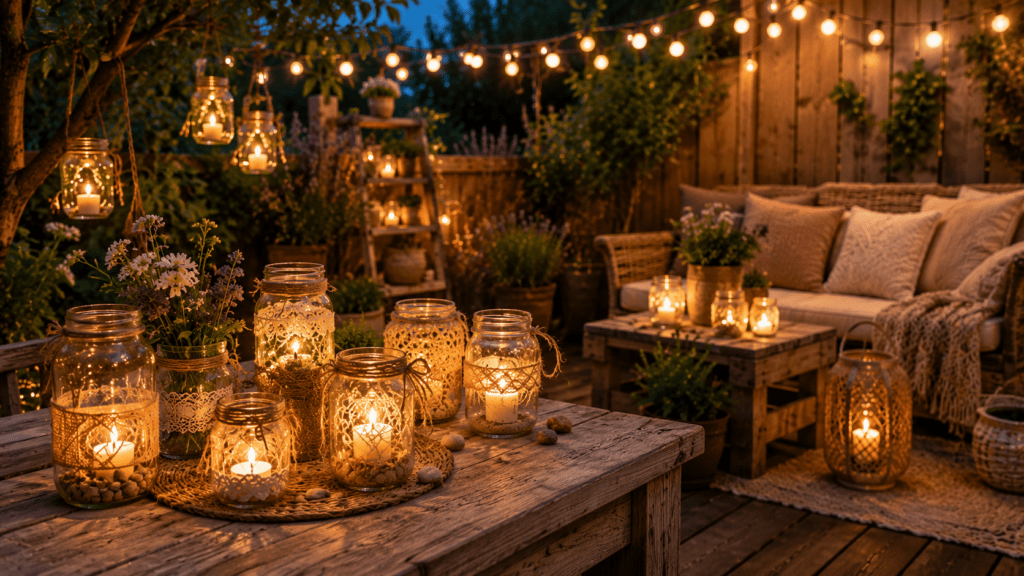 Gemütlicher Balkon im Boho Stil mit selbstgemachten Windlichtern aus Einmachgläsern auf einem rustikalen Holztisch. Die Gläser sind mit Spitze, Jutegarn und warmen LED Lichtern dekoriert und sorgen zusammen mit Lichterketten, Pflanzen und Outdoor Kissen für eine stimmungsvolle Außenbeleuchtung bei Abenddämmerung.