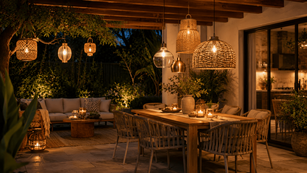 Moderne Terrasse im Boho Stil mit mehreren warm leuchtenden Hängelampen aus Rattan, Bambus und schwarzem Metall über einem großen Holztisch. Gemütliche Lounge Möbel, Laternen, Kerzen und bepflanzte Gartenbereiche schaffen am Abend eine wohnliche Outdoor Atmosphäre mit weichem Licht und stilvoller Außenbeleuchtung.
