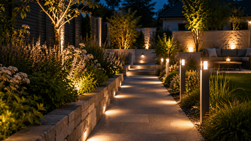 Moderner Garten bei Abenddämmerung mit warm beleuchtetem Steinweg, eleganten schwarzen Pollerleuchten und kleinen LED Bodenspots entlang von Beeten und Treppen. Sanft angestrahlte Pflanzen, Bäume und Mauern schaffen eine stilvolle Atmosphäre, während eine gemütliche Lounge Ecke auf der Terrasse den Außenbereich modern und einladend wirken lässt.