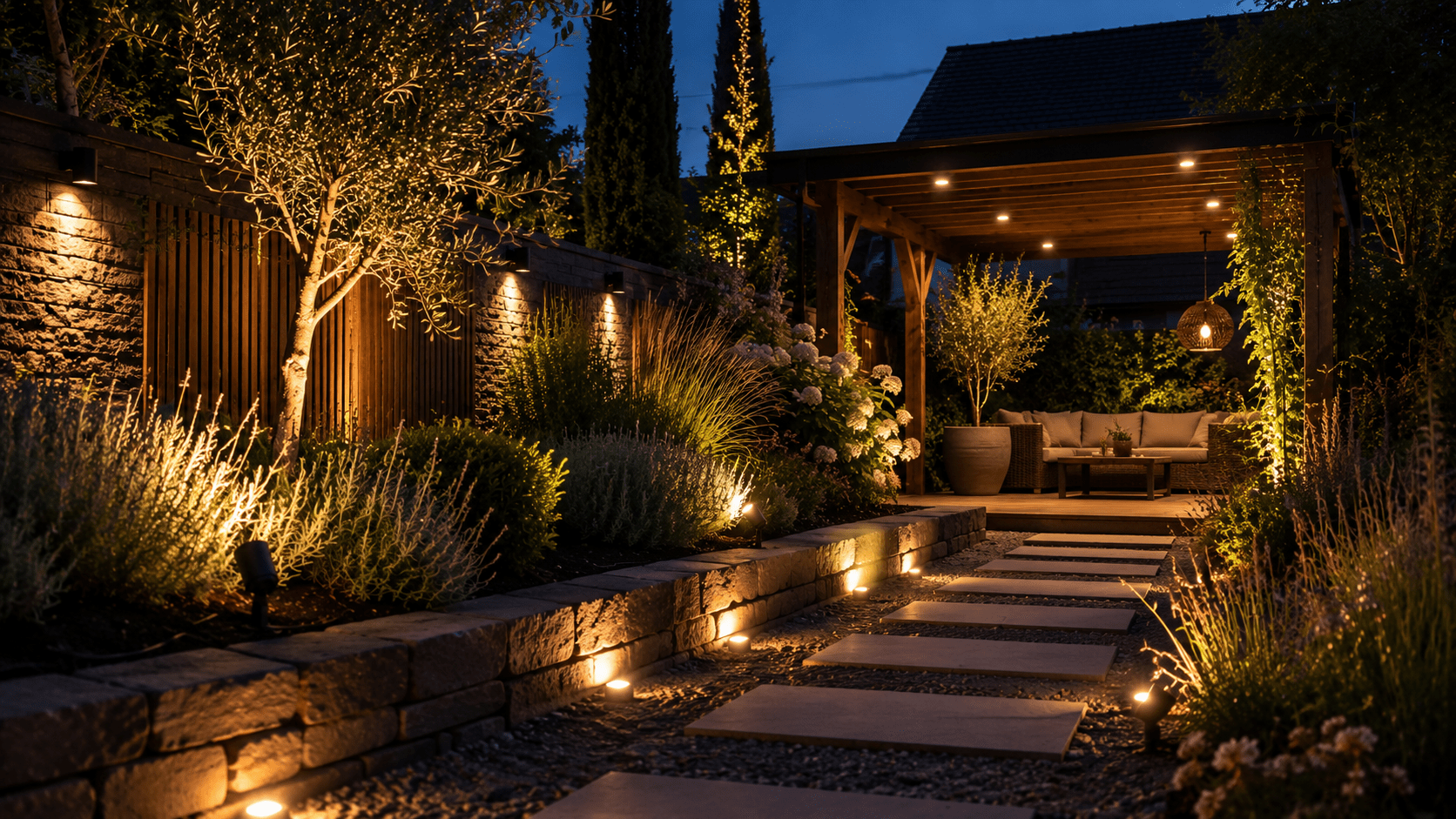 Moderner Garten bei Nacht mit warmweiß beleuchteten LED Strahlern und Spots entlang von Pflanzen, Natursteinmauern und Gehwegplatten. Unter einer stilvollen Holz Pergola sorgt indirekte Außenbeleuchtung für eine gemütliche Atmosphäre mit eleganter Tiefenwirkung und modernen Lichtakzenten.