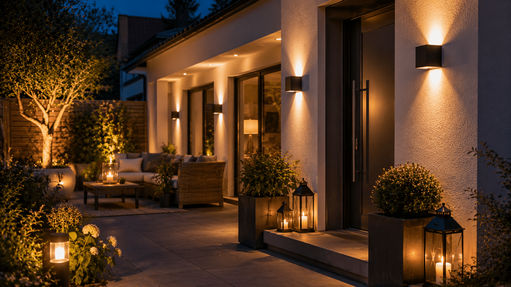 Alt Text: Moderne Hausfassade mit eleganten schwarzen Up Down Wandleuchten neben Terrassentüren und Hauseingang. Warmes Licht erzeugt dekorative Lichtkegel an der weißen Außenwand, während Laternen, bepflanzte Kübel und eine gemütliche Lounge Ecke die stilvolle Außenbeleuchtung am Abend ergänzen.