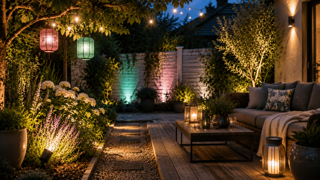 Moderner Garten mit gemütlicher Terrasse bei Abenddämmerung, beleuchtet von warmweißen Lichterketten, dezenten farbigen LED Akzenten in Rosé und Smaragdgrün sowie stilvollen Lampions unter einem Baum. Eine Lounge Ecke mit neutralen Kissen, Holzterrasse, Laternen und sanft beleuchteten Pflanzen sorgt für eine elegante und entspannte Atmosphäre.