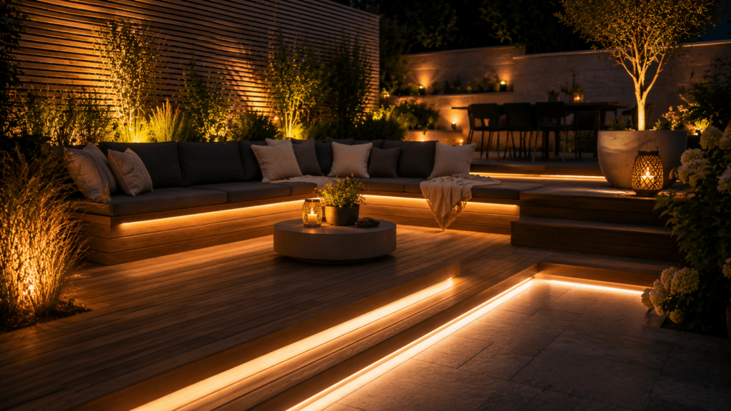 Moderne Terrasse bei Nacht mit indirekter LED Beleuchtung unter Holz Sitzbänken, Treppenstufen und Pergola. Warmweiße LED Streifen setzen stilvolle Lichtakzente entlang der Lounge Möbel und betonen die Kombination aus Holz, Stein und Pflanzen für eine gemütliche, elegante Außenatmosphäre.