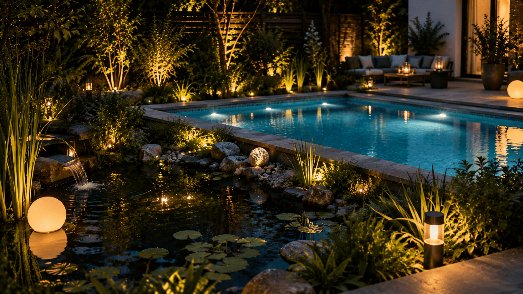 Stilvoll beleuchteter Garten mit modernem Pool und kleinem Teich in der Abenddämmerung. Unterwasser LED Spots lassen das Wasser leuchten, während schwimmende Lichtkugeln, beleuchtete Wasserpflanzen und warme Bodenspots entlang des Ufers eine luxuriöse und magische Outdoor Atmosphäre schaffen.