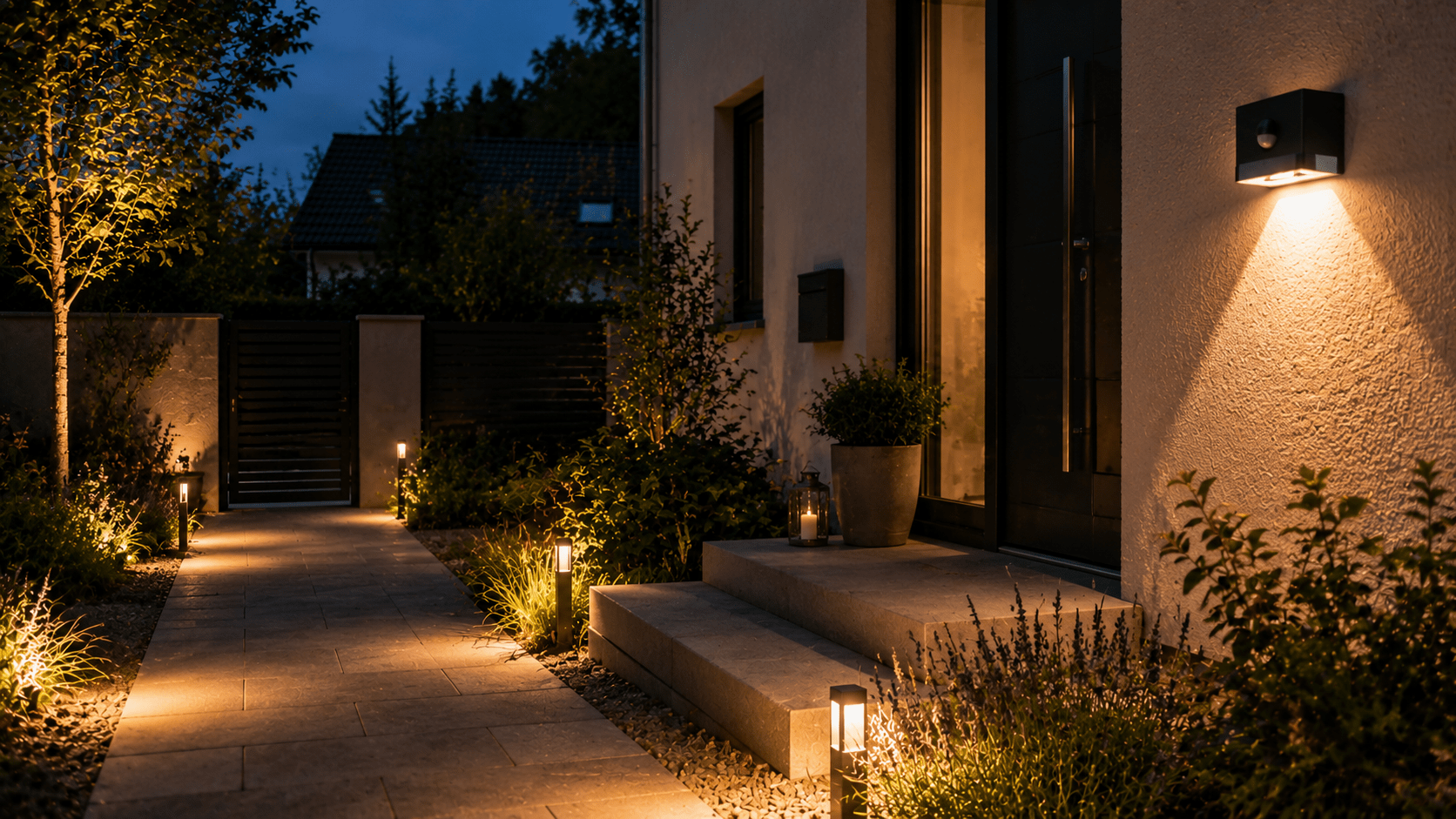 Moderner Hauseingang bei Abenddämmerung mit warmweiß beleuchteten Sensorlampen entlang eines Steinwegs und an der Hauswand. Dezente Bewegungsmelder sorgen für sanftes Licht rund um Treppen, Pflanzen und Eingangsbereich, während moderne Pollerleuchten und gepflegte Beete eine elegante und sichere Atmosphäre schaffen.