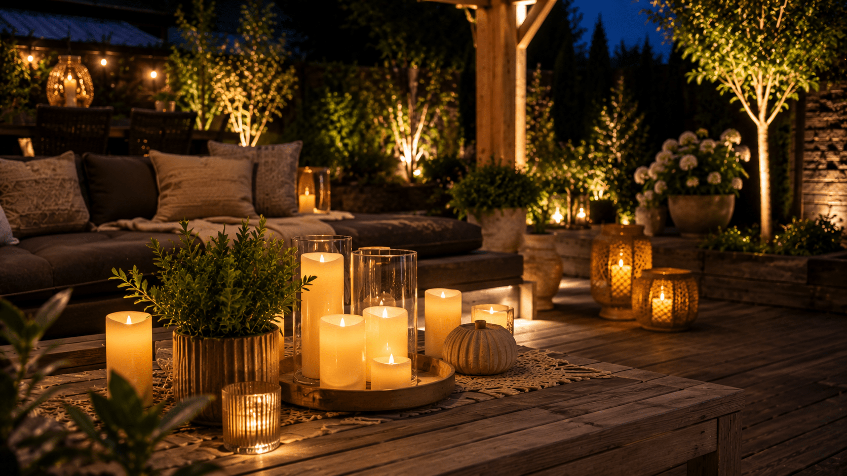 Gemütliche Terrasse am Abend mit flackernden LED Kerzen in verschiedenen Größen auf einem rustikalen Holztisch. Warmes Licht, dekorative Windlichter, Outdoor Kissen und indirekte Gartenbeleuchtung schaffen eine entspannte Atmosphäre ohne echtes Feuer im modernen Außenbereich.
