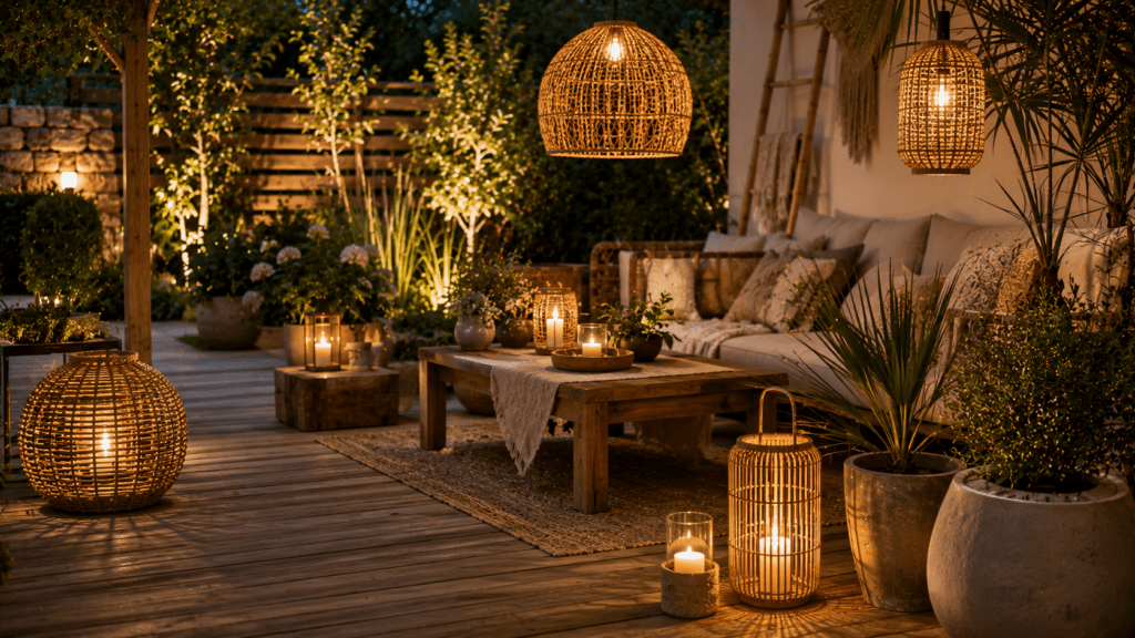 Gemütliche Terrasse im Boho Stil mit warm leuchtenden Außenlampen aus Rattan, Bambus und Holz. Geflochtene Hängelampen, Laternen und Kerzen sorgen zwischen Holzterrasse, Naturtextilien, Pflanzen und Lounge Möbeln für eine natürliche und entspannte Abendstimmung im Garten.
