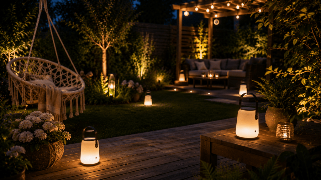 Gemütlicher Garten mit Holzterrasse bei Abenddämmerung, beleuchtet von mobilen warmweißen Akkuleuchten im skandinavischen Stil. Kabellose Leuchten stehen verteilt auf dem Boden, dem Tisch und entlang des Weges, während eine Hängeschaukel, sanfte Gartenbeleuchtung und eine moderne Lounge Ecke unter einer Pergola für eine entspannte und stilvolle Atmosphäre sorgen.