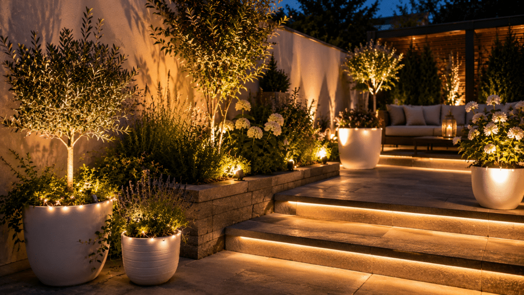 Modern gestaltete Terrasse bei Abenddämmerung mit beleuchteten Pflanzgefäßen, warmen LED Bodenspots und indirekter Stufenbeleuchtung. Weiße Blumentöpfe mit üppigen Pflanzen und kleinen Lichterketten setzen stilvolle Lichtakzente und schaffen eine elegante, gemütliche Gartenatmosphäre.