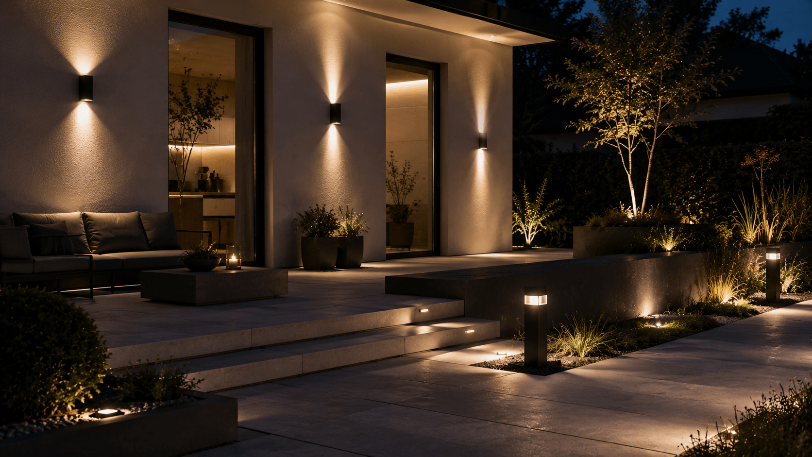 Modernes minimalistisches Haus mit schwarzer Außenbeleuchtung in der Abenddämmerung. Schlichte Pollerleuchten, eingelassene Bodenspots und Up Down Wandleuchten erzeugen warme Lichtkegel entlang der Terrasse, Betonstufen und bepflanzten Gartenflächen und schaffen ein elegantes, cleanes Lichtkonzept im skandinavischen Stil.