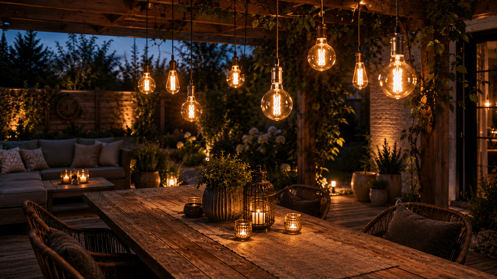 Gemütliche Terrasse im Vintage Stil bei Abenddämmerung mit großen Edison Glühbirnen an Stoffkabeln unter einer Holz Pergola. Warmes bernsteinfarbenes Licht beleuchtet einen rustikalen Holztisch, Korbstühle, Laternen und eine gemütliche Lounge Ecke, während sanft angestrahlte Pflanzen und Kupferdetails eine nostalgische Café Atmosphäre im Garten schaffen.