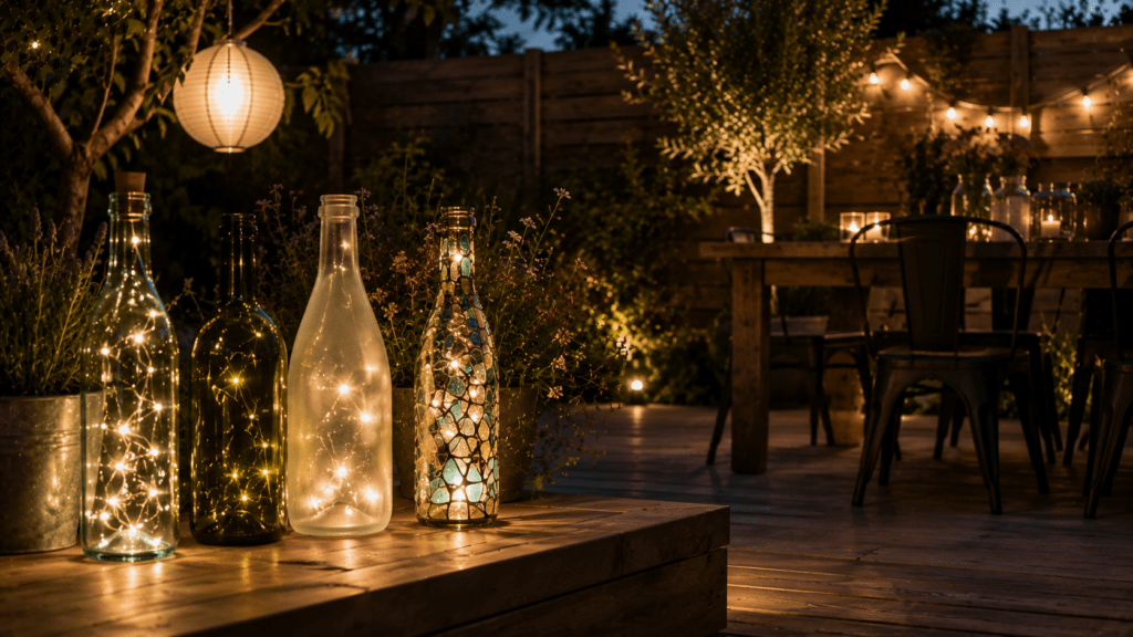 Gemütliche Terrasse am Abend mit selbstgemachten Lampen aus alten Glasflaschen, die mit warmen LED Lichterketten gefüllt sind. Einige Flaschen sind mit Milchglas Effekt oder buntem Mosaik dekoriert und sorgen zwischen Holzterrasse, Pflanzen und sanfter Außenbeleuchtung für eine kreative Upcycling Atmosphäre im Garten.