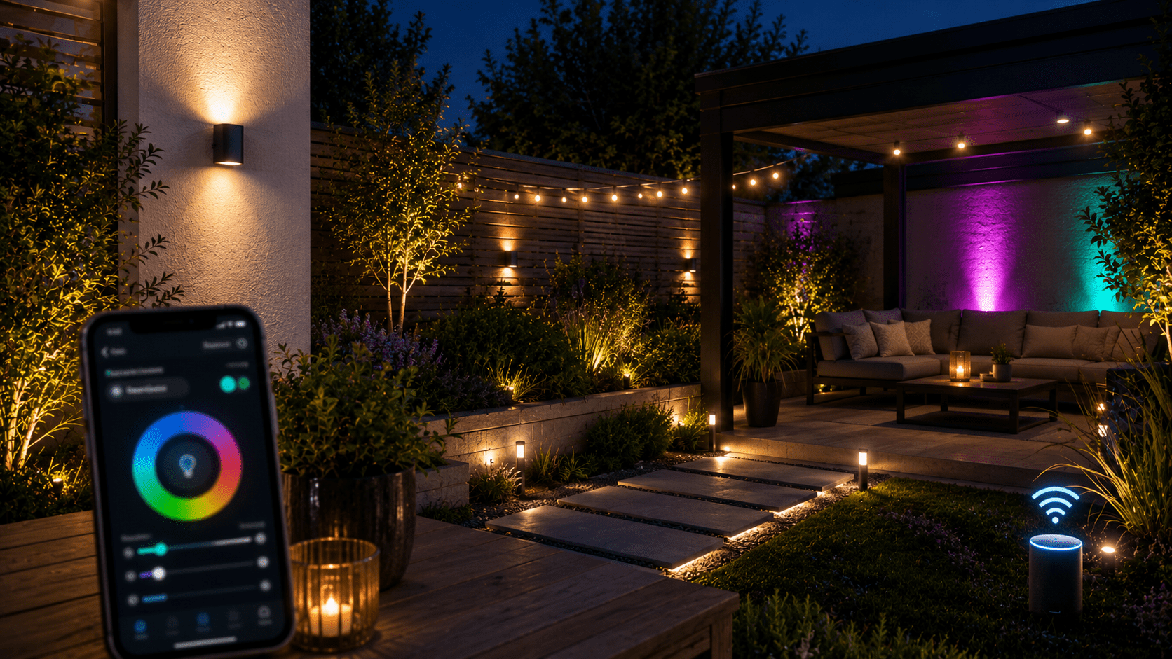Moderner Garten mit smarter Außenbeleuchtung bei Nacht. Über eine Smartphone App werden LED Wandleuchten, Lichterketten, Bodenspots und farbige Akzentlichter auf Terrasse und Pergola gesteuert. Die warmen und bunten Lichtquellen schaffen eine stilvolle, gemütliche Atmosphäre im modernen Outdoor Bereich.