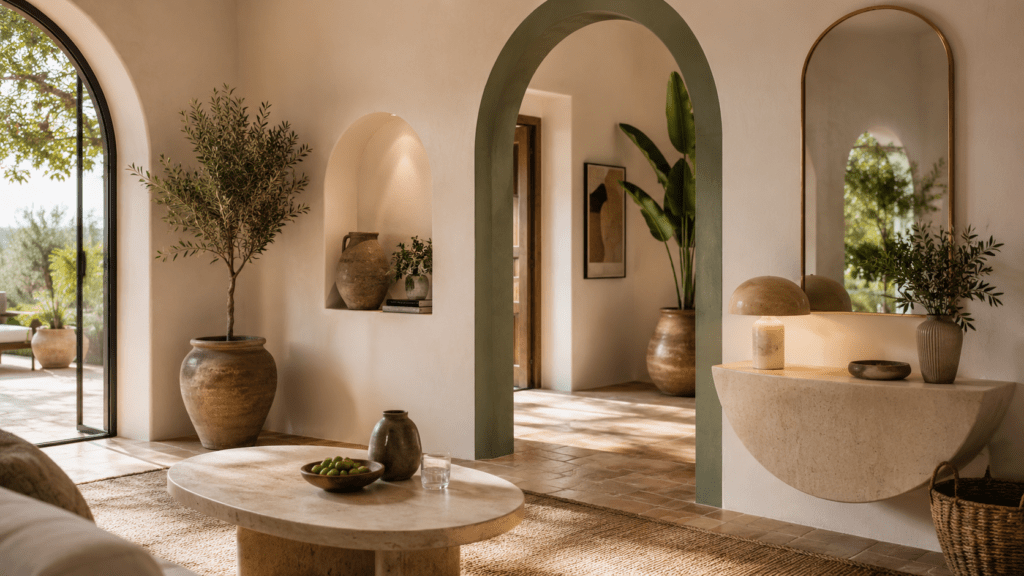 Hyperrealistisches mediterranes Wohnzimmer mit großen Rundbögen, ovalem Couchtisch, geschwungenem Spiegel und organischen Formen in warmen Beige und Terracotta Tönen. Sanftes Sonnenlicht fällt durch hohe Bogenfenster auf natürliche Materialien wie Stein, Keramik und Leinen und schafft eine ruhige mediterrane Atmosphäre mit modernem Interior Stil.