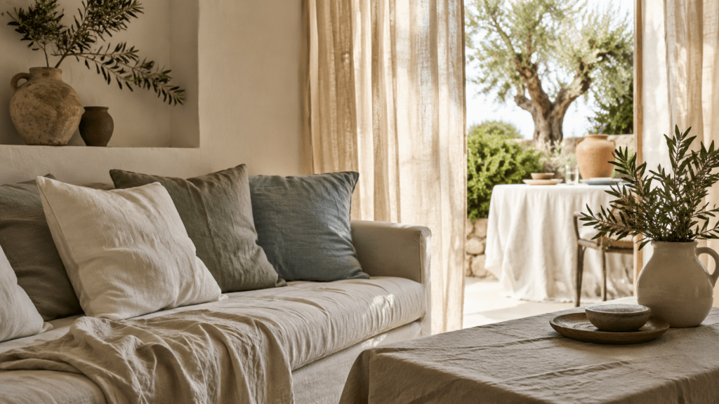 Hyperrealistisches mediterranes Wohnzimmer mit grob gewebten Leinenkissen in Natur, Salbei und Staubblau auf hellem Sofa, luftigen Leinenvorhängen, rustikalem Holztisch, Terrakotta Vasen und sonniger Terrasse mit Olivenbaum im Hintergrund.