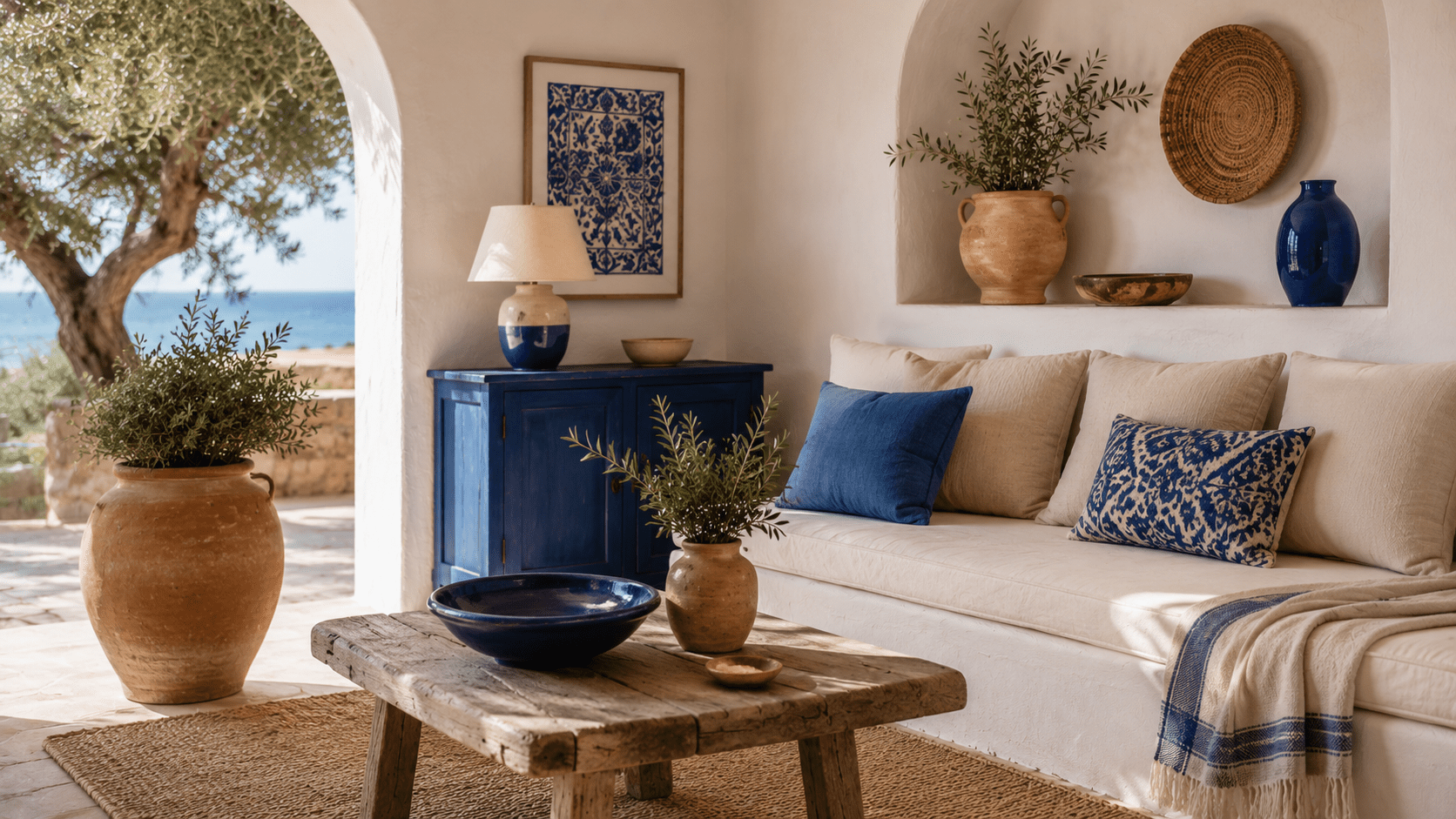 Hyperrealistische mediterrane Wohnlandschaft mit weißen Putzwänden, Terrakotta Elementen und dezenten blauen Akzenten durch Kissen, Keramikvasen und einen kleinen blauen Schrank. Warme Naturmaterialien wie Holz, Leinen und Korbgeflecht treffen auf sanftes Sonnenlicht und schaffen eine ruhige mediterrane Atmosphäre mit Blick aufs Meer.