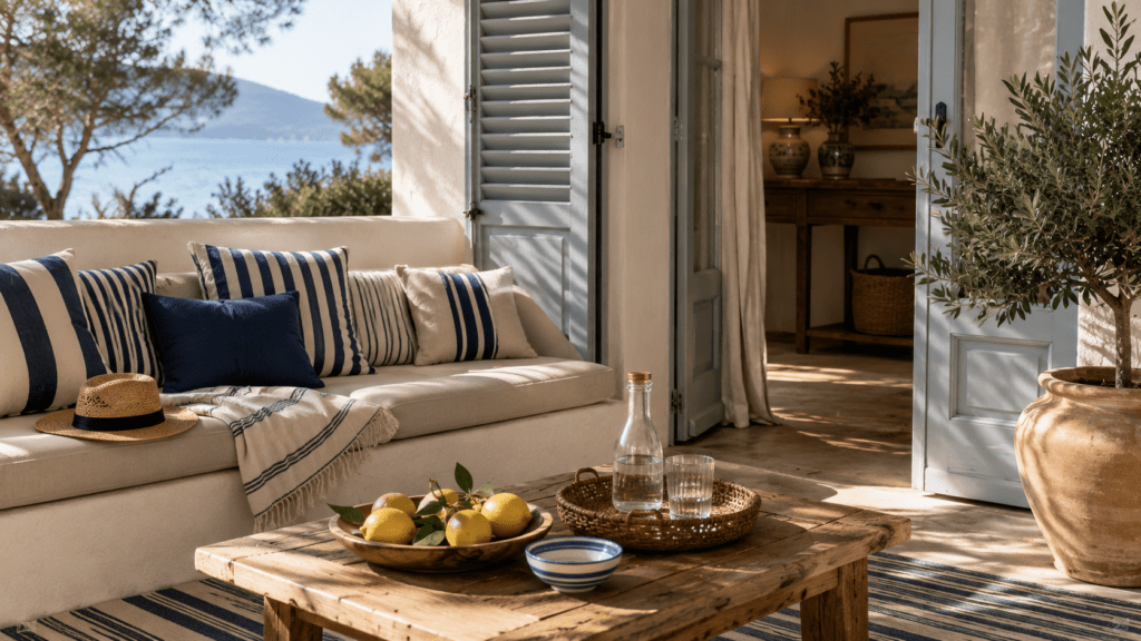 Mediterrane Terrasse mit blau weiß gestreiften Kissen, rustikalem Holztisch und natürlichen Materialien in warmem Sonnenlicht. Die offene Terrassentür, Olivenbäume, Keramik und feine Riviera Streifen in Blau und Creme schaffen ein entspanntes Urlaubsgefühl zwischen Innen und Außenbereich.