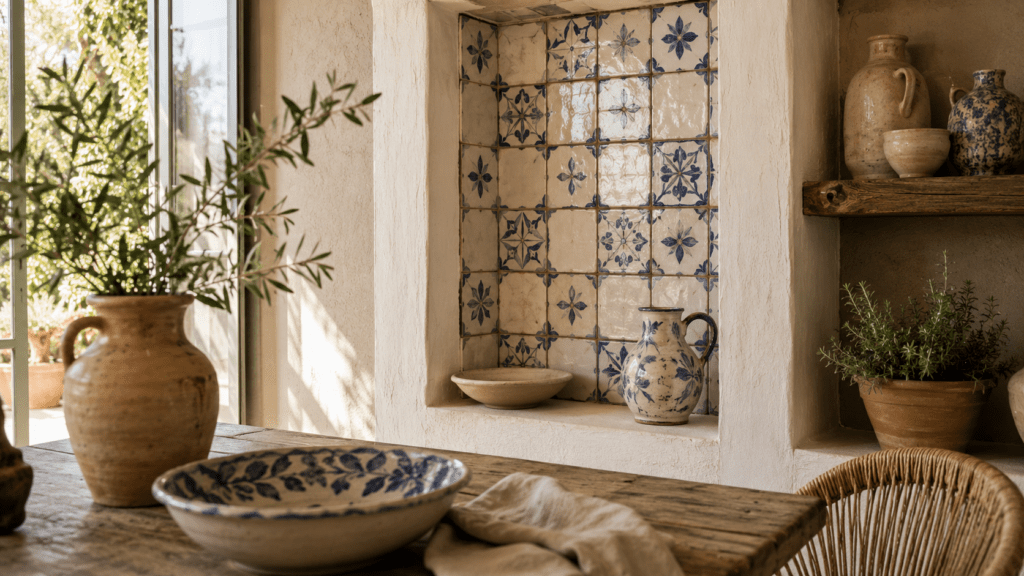 Hyperrealistische mediterrane Küche mit handgemachten blau weißen Keramikfliesen in Wandnische, rustikalem Holztisch, handbemalten Keramikschalen und Krügen, warmem Sonnenlicht, Terrakotta Töpfen und natürlichen Materialien im modernen mediterranen Stil.