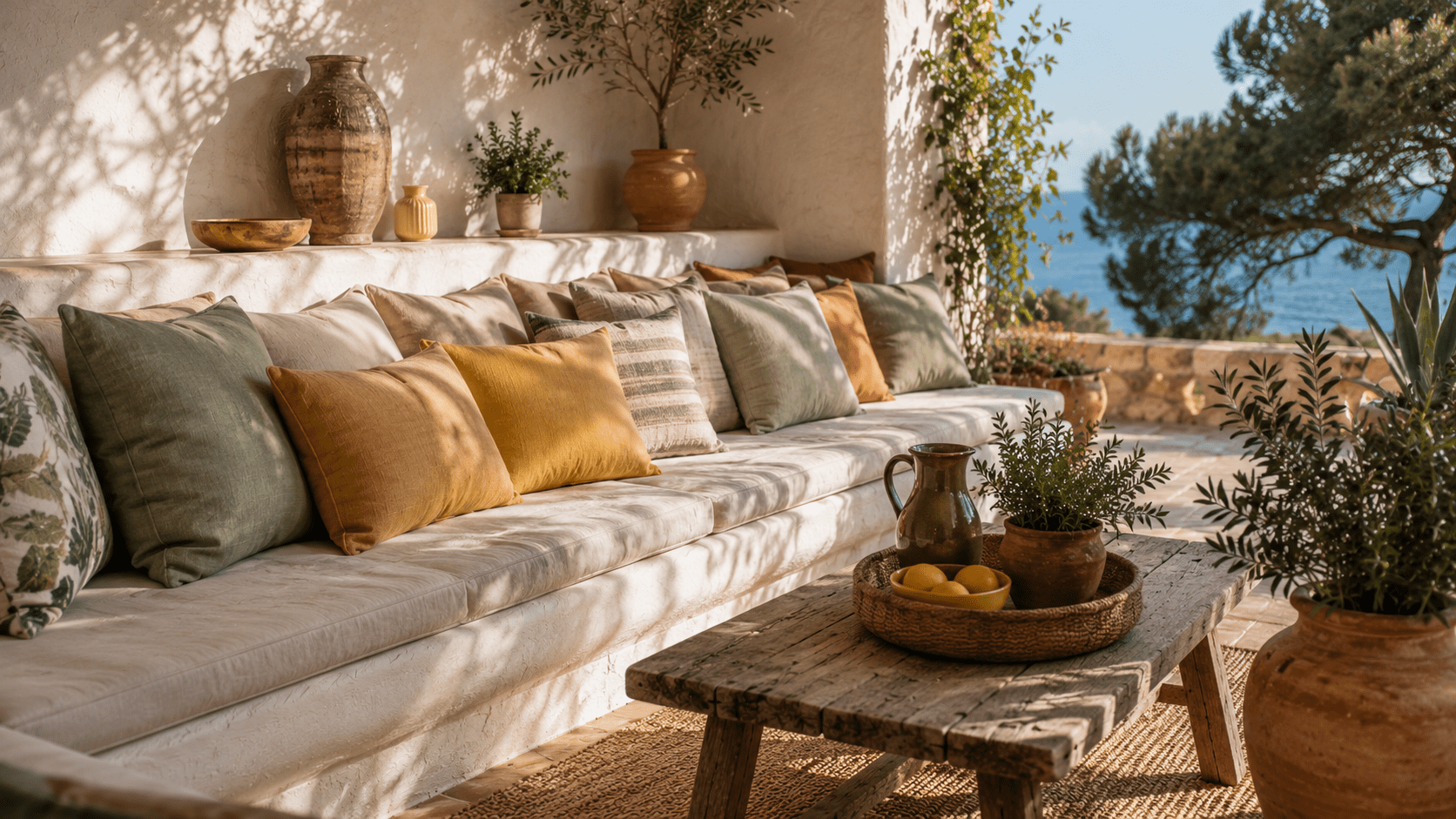 Hyperrealistische mediterrane Terrasse mit heller Lounge Sitzbank und vielen Kissen in Salbei, Ocker, Creme und sanftem Zitronengelb. Rustikaler Holztisch, Terrakotta Töpfe, mediterrane Pflanzen und warme Naturmaterialien schaffen zusammen mit dem Meerblick und goldenem Sonnenlicht eine entspannte sommerliche Atmosphäre.