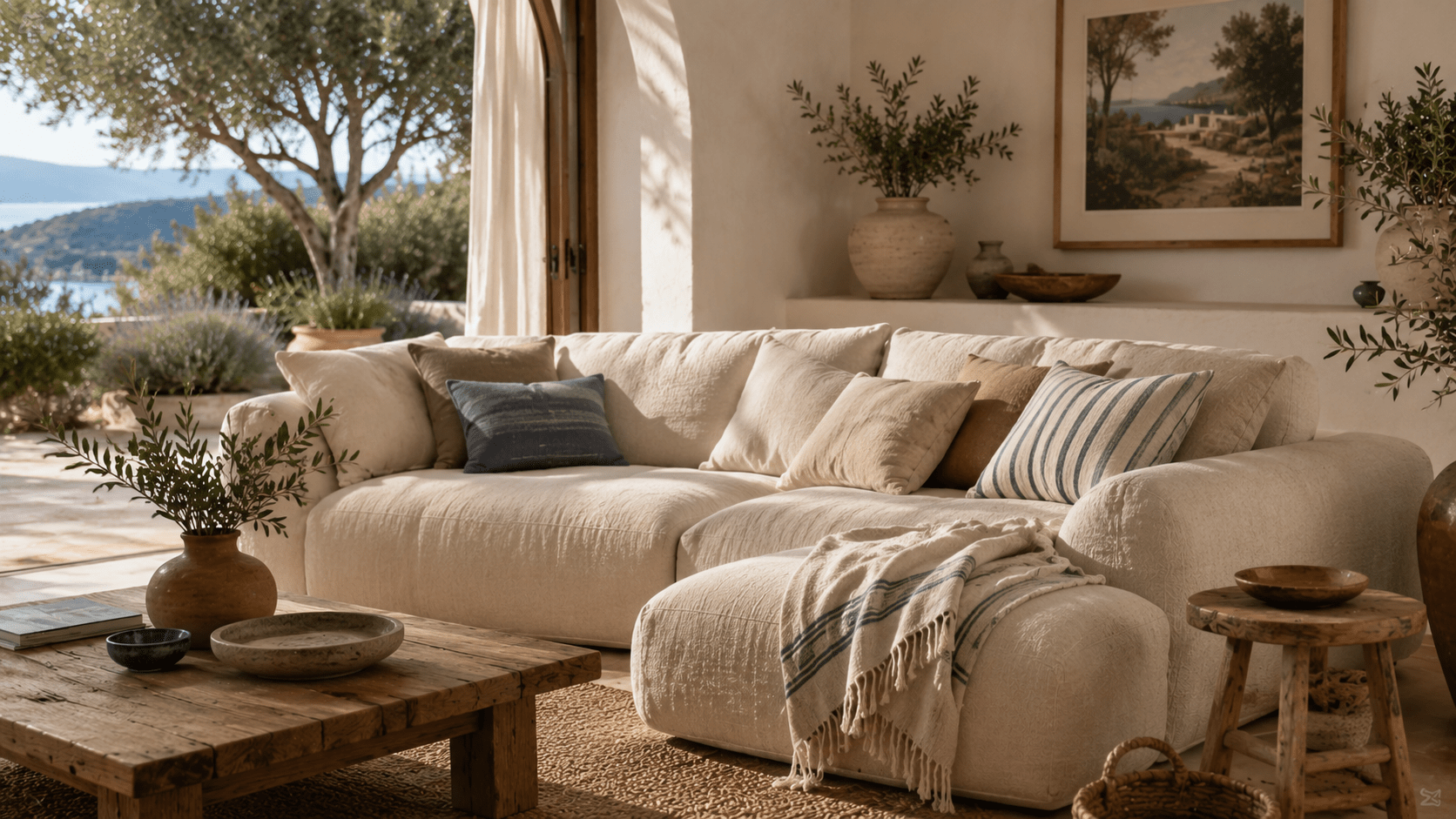 Großes mediterranes Sofa in Creme mit weichen Rundungen, Leinenkissen und lockerer Decke in einem warmen Wohnraum mit rustikalem Holztisch, Keramik und natürlichem Licht. Die gemütliche Sitzgruppe mit organischen Formen und mediterranen Naturtönen wirkt entspannt, einladend und modern zugleich.