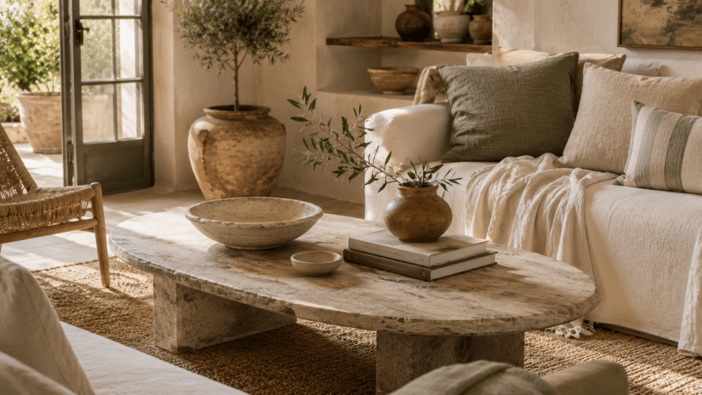 Hyperrealistisches mediterranes Wohnzimmer mit ovalem Couchtisch aus Naturstein, großer Keramikschale, gestapelten Büchern, rustikaler Vase mit Olivenzweig, hellem Sofa aus Naturstoffen und warmem Sonnenlicht im modernen mediterranen Stil.