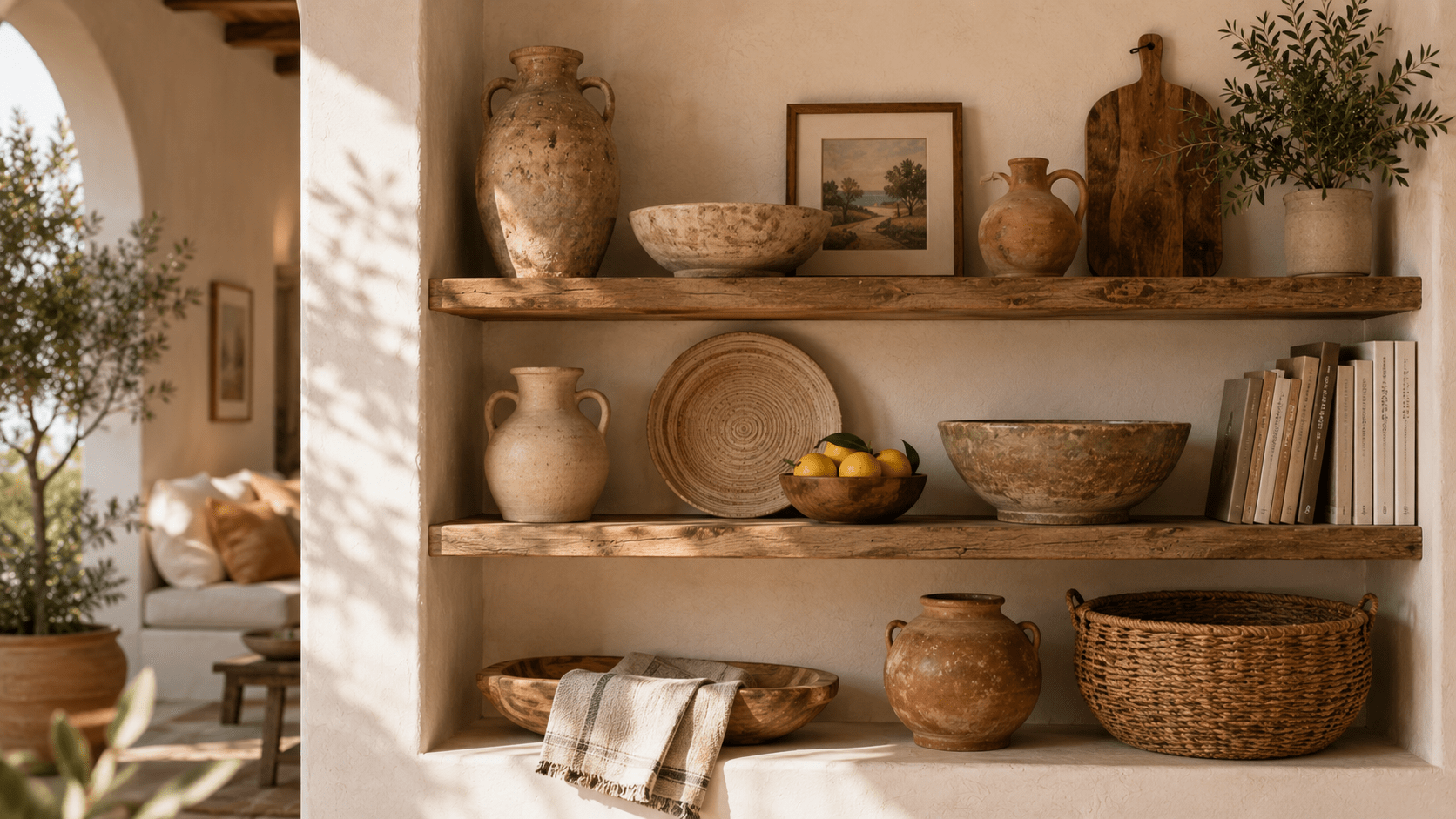 Hyperrealistisches mediterranes Wandregal mit großen Keramikkrügen, rustikalen Schalen, Holzbrettern und gefalteten Naturtextilien in warmen Beige und Terrakotta Tönen. Offene Regale aus Holz, Zitronen in einer Tonschale und sanftes Sonnenlicht schaffen eine gemütliche mediterrane Atmosphäre mit natürlichen Materialien und ruhiger Farbwelt.