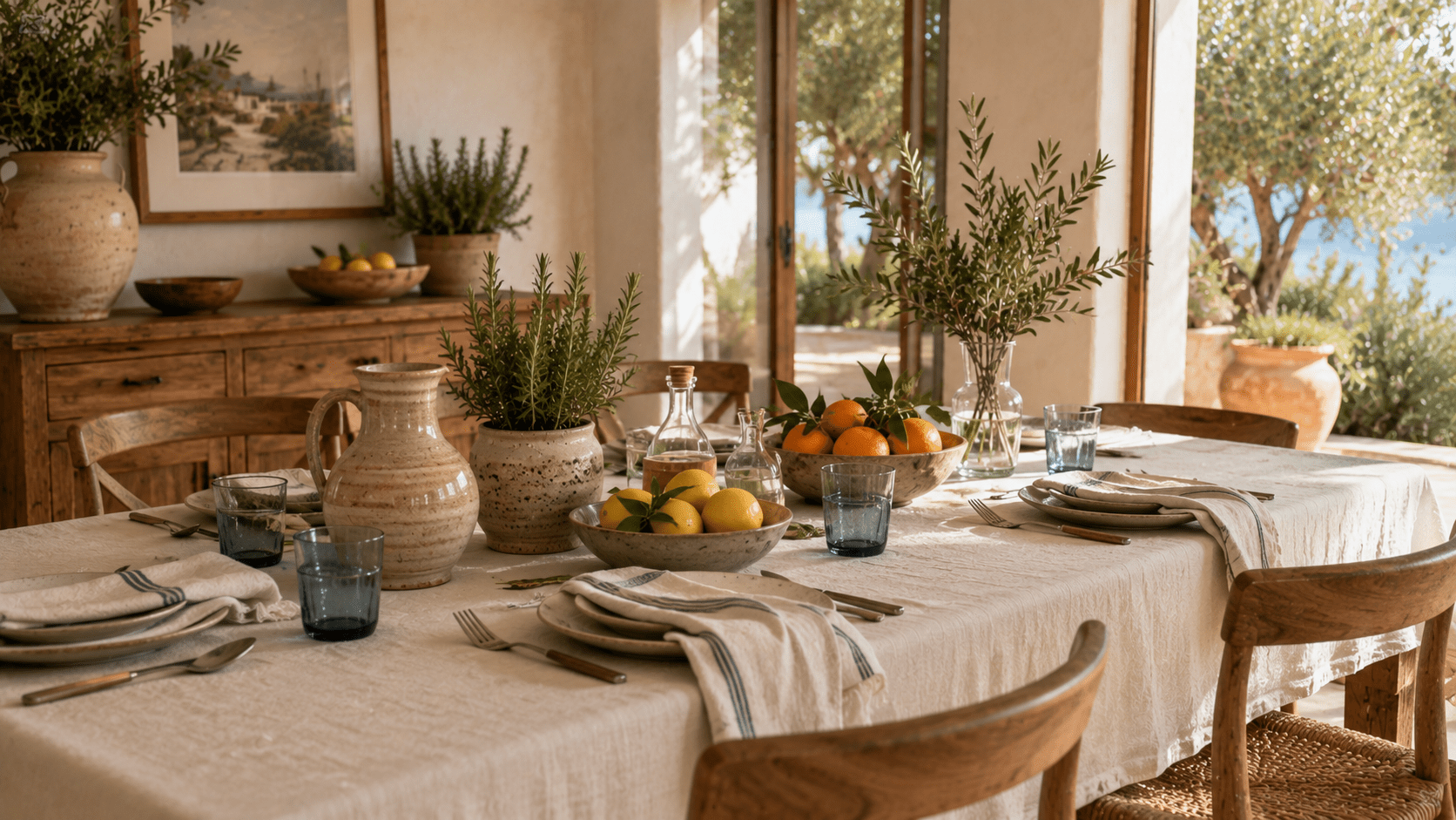 Mediterran gedeckter Esstisch mit Leinentischdecke, Keramikgeschirr, blauen Gläsern und dekorativen Schalen voller Zitronen und Orangen in einem sonnigen Wohnraum. Holzstühle, Kräutertöpfe, Olivenzweige und natürliche Materialien sorgen für eine warme mediterrane Atmosphäre mit modernem Riviera Flair.