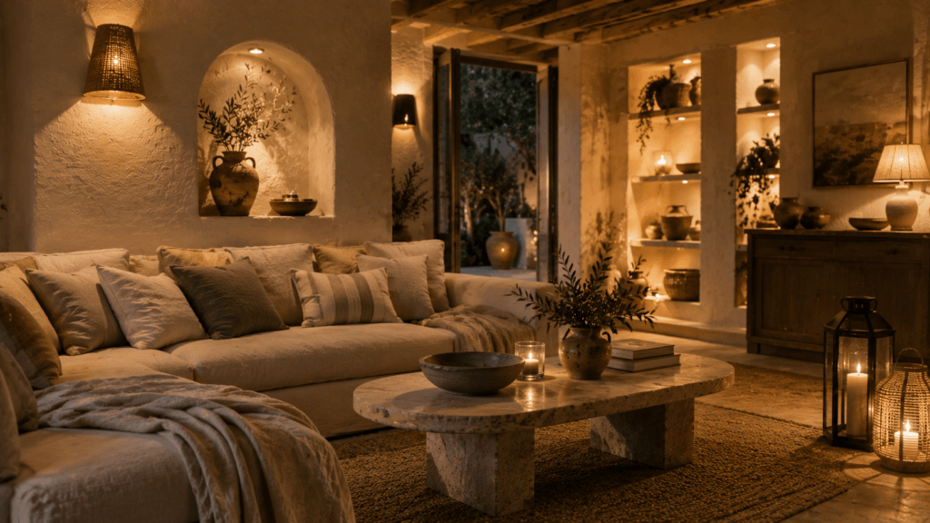Hyperrealistisches mediterranes Wohnzimmer am Abend mit warmem indirektem Licht, Wandlampen aus Geflecht, Keramik Tischlampen, beleuchteten Wandnischen, Laternen mit Kerzen, hellem Sofa und Naturmaterialien im gemütlichen Taverna Stil.