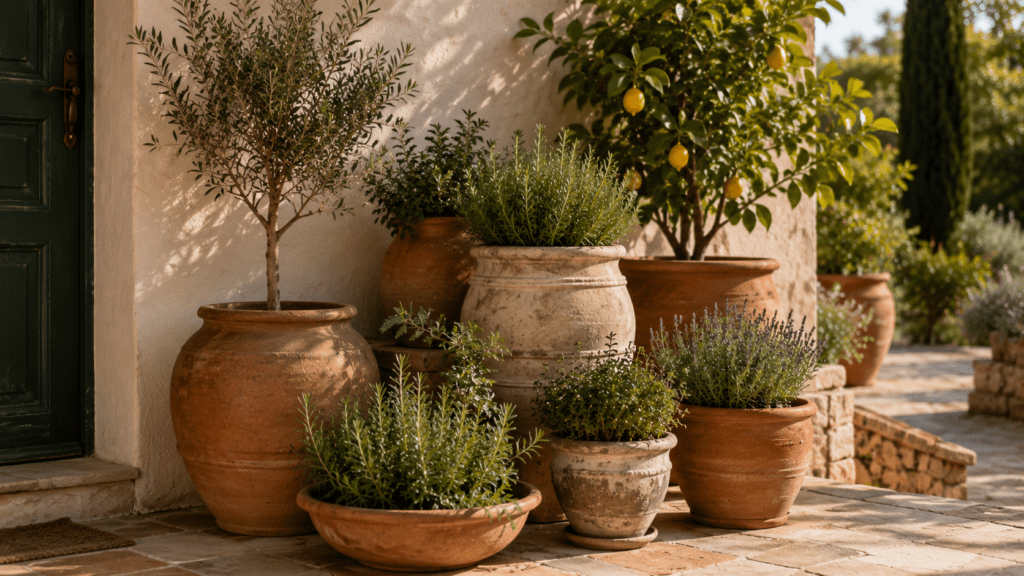Hyperrealistische mediterrane Terrasse mit gruppierten Pflanztöpfen in verschiedenen Höhen aus Terrakotta und Steinoptik. Olivenbäumchen, Lavendel und mediterrane Kräuter stehen vor einer warmen Putzwand im goldenen Sonnenlicht und schaffen eine gemütliche mediterrane Atmosphäre mit natürlicher Tiefe und harmonischen Naturfarben.
