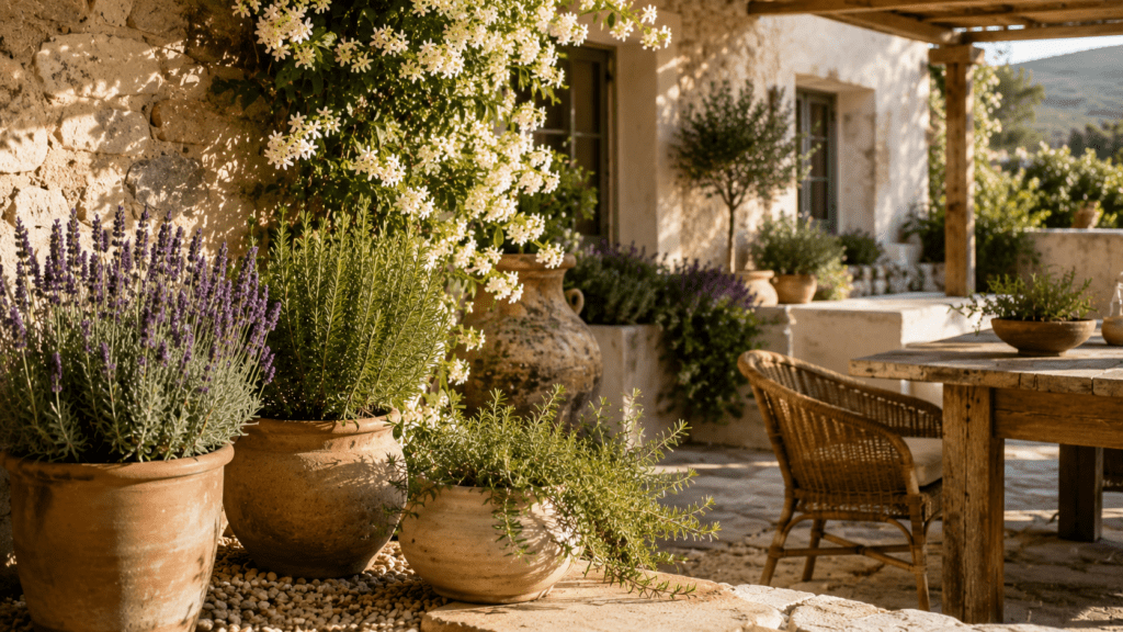 Hyperrealistische mediterrane Terrasse mit Lavendel, Rosmarin und blühendem Sternjasmin in Terrakotta Kübeln, rustikalem Holztisch, Korbstühlen, heller Natursteinwand und warmem Sonnenlicht im entspannten mediterranen Stil.