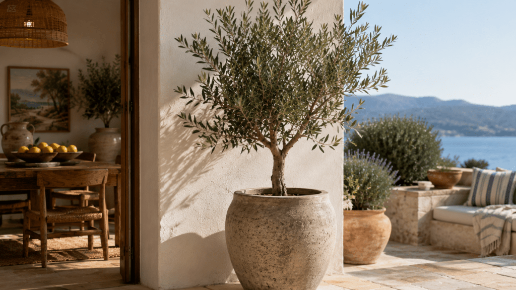 Großer Olivenbaum in einem schlichten Steinoptik Topf auf einer mediterranen Terrasse mit warmem Sonnenlicht, Natursteinboden und Blick aufs Wasser. Im Hintergrund sorgen helle Wände, Holzmöbel, Zitronen und dezente blau weiße Textilien für eine ruhige mediterrane Atmosphäre zwischen Innen und Außenbereich.