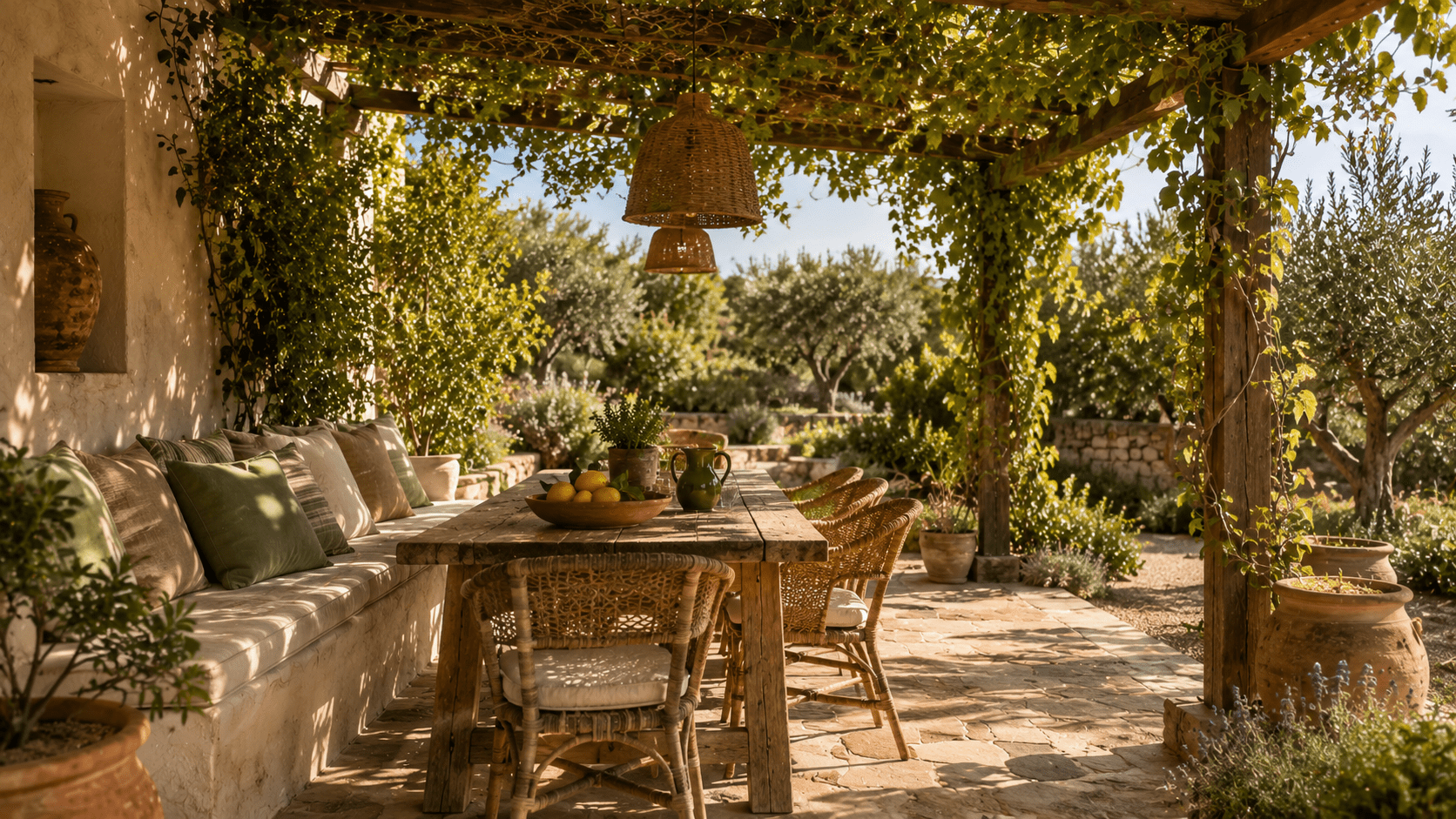 Hyperrealistische mediterrane Terrasse mit großer Holz Pergola voller Kletterpflanzen und gemütlichem Schattenplatz. Rustikaler Holztisch, Korbstühle, helle Sitzbank mit Naturkissen und Terrakotta Töpfe schaffen zusammen mit warmem Sonnenlicht und mediterranen Pflanzen eine entspannte südliche Gartenatmosphäre.
