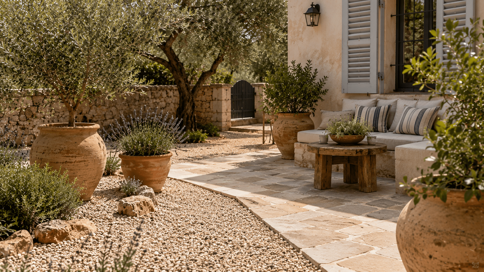 Mediterraner Außenbereich mit Kiesflächen, Natursteinweg, großen Terrakotta Töpfen und Olivenbäumen in warmem Sonnenlicht. Lavendel, rustikale Holzmöbel und eine gemütliche Sitzecke mit gestreiften Kissen schaffen eine entspannte mediterrane Gartenatmosphäre ohne klassischen Rasen.