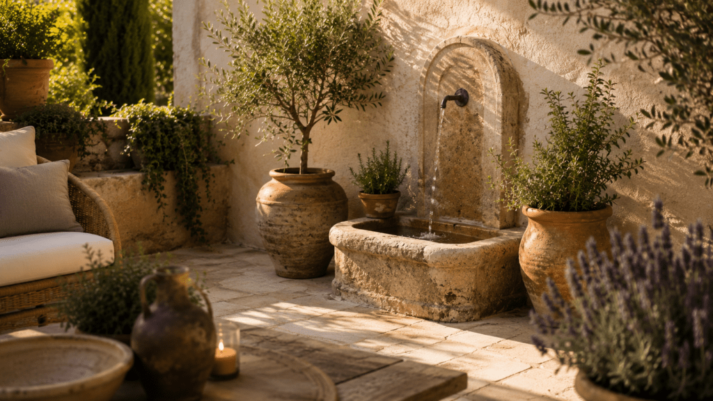 Hyperrealistische mediterrane Terrasse mit kleinem Naturstein Wandbrunnen, Terrakotta Töpfen, Lavendel und Olivenbaum, warmem Sonnenlicht, rustikalem Holztisch und gemütlicher Loungeecke im entspannten mediterranen Gartenstil.