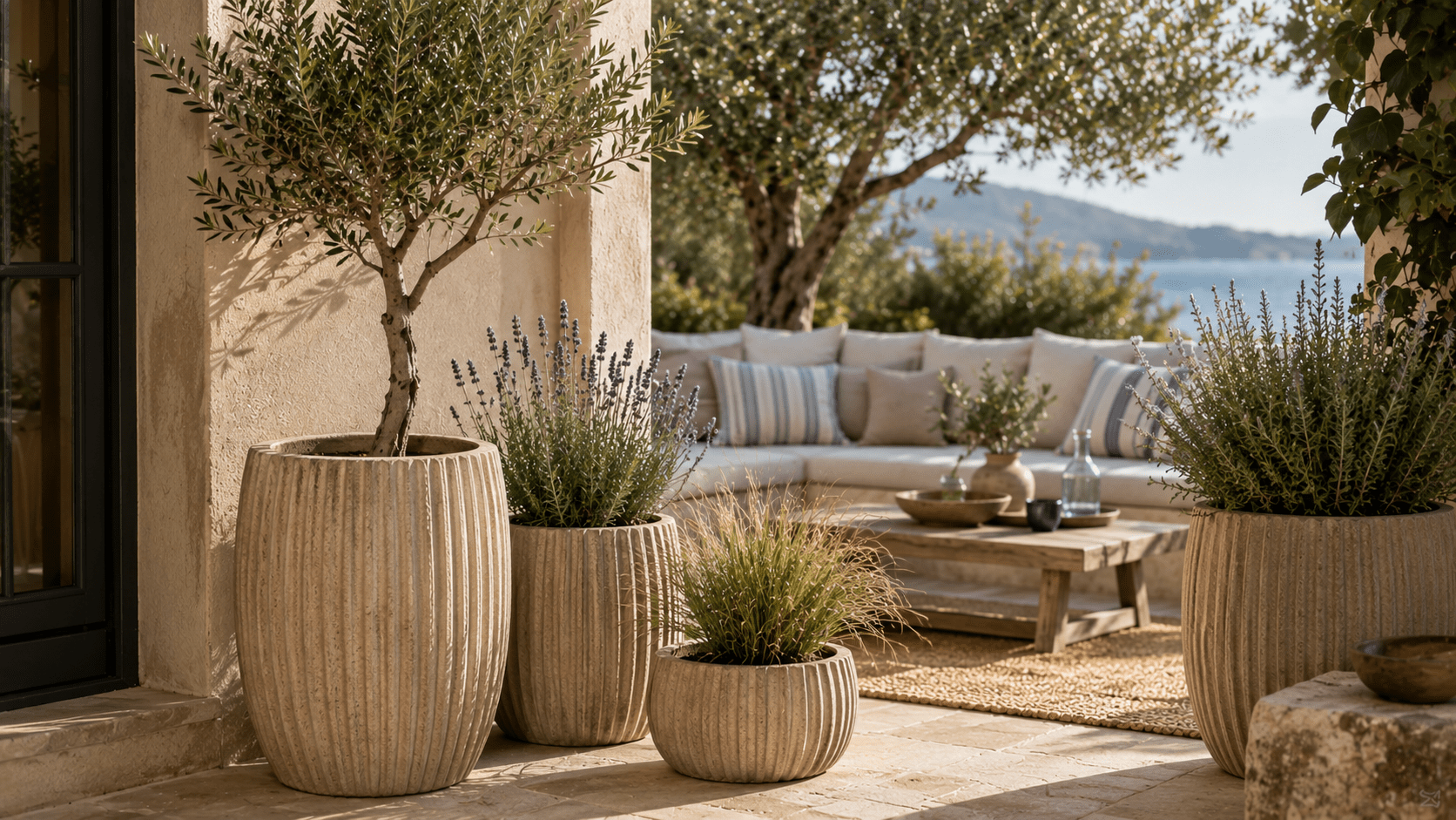 Mediterrane Terrasse mit gerillten Pflanzgefäßen in Creme und Sandtönen, bepflanzt mit Olivenbaum, Lavendel und Ziergras. Warme Naturmaterialien, helle Lounge Möbel, Holztisch und sanftes Sonnenlicht schaffen eine moderne mediterrane Atmosphäre mit ruhigem Riviera Flair.