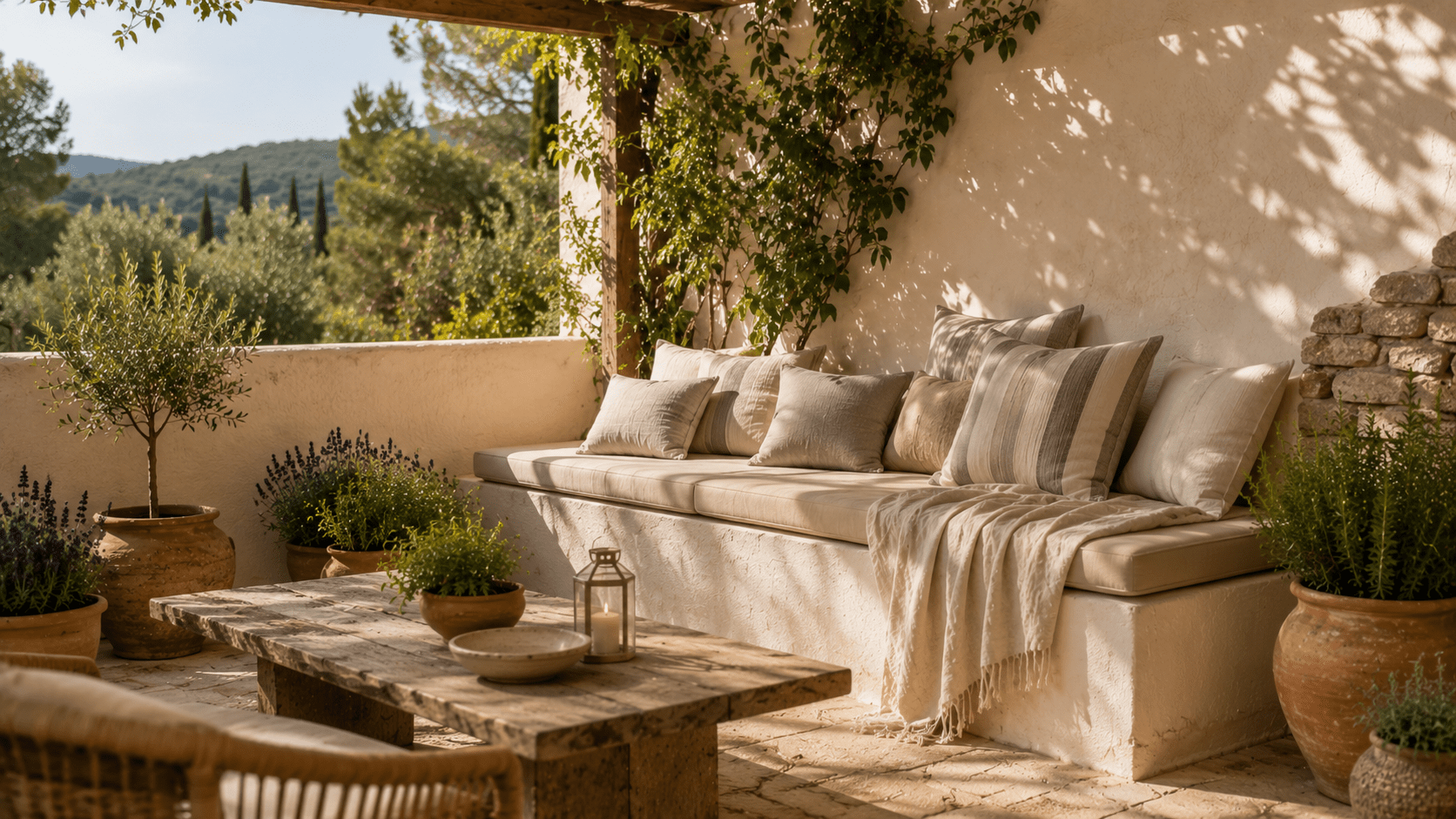 Hyperrealistische mediterrane Terrasse mit eingebauter Sitzbank aus Putz, beigen Sitzauflagen, gestreiften Kissen, Leinendecke, rustikalem Holztisch, Terrakotta Töpfen und Pergola im warmen mediterranen Outdoor Stil.